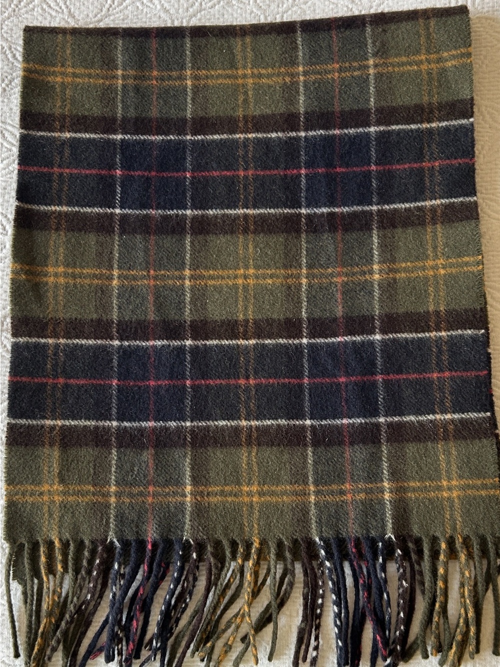 Barbour Classic Tartan Olive-Blue-Red Lambswool Cashmere Scarf Made in Scotland.